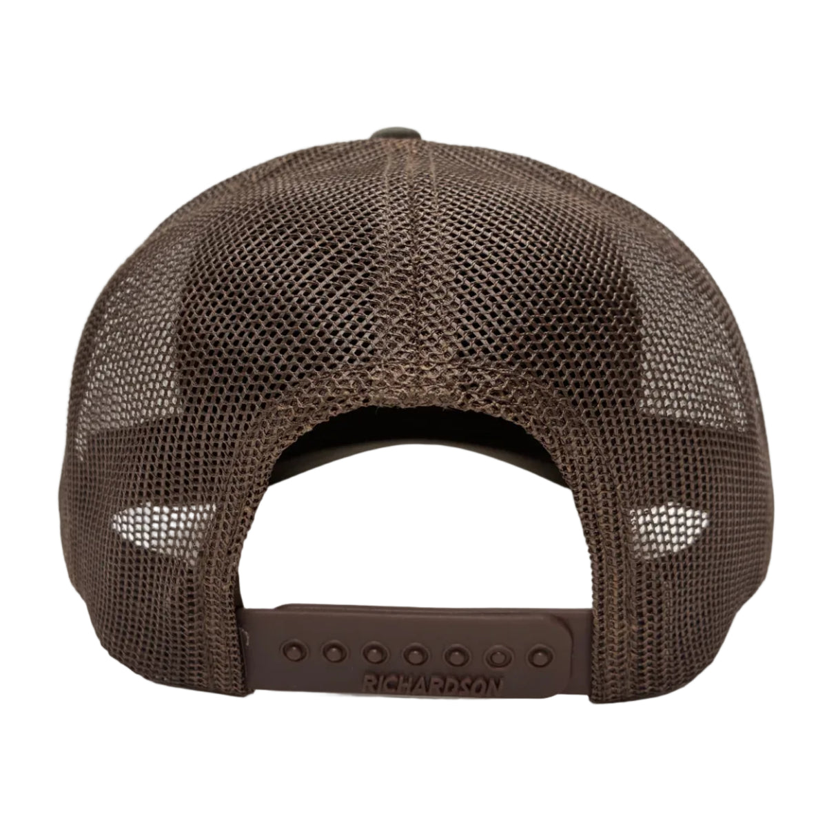 A brown trucker-style cap shown from the back, featuring a brown mesh back and a matching brown plastic snap closure.