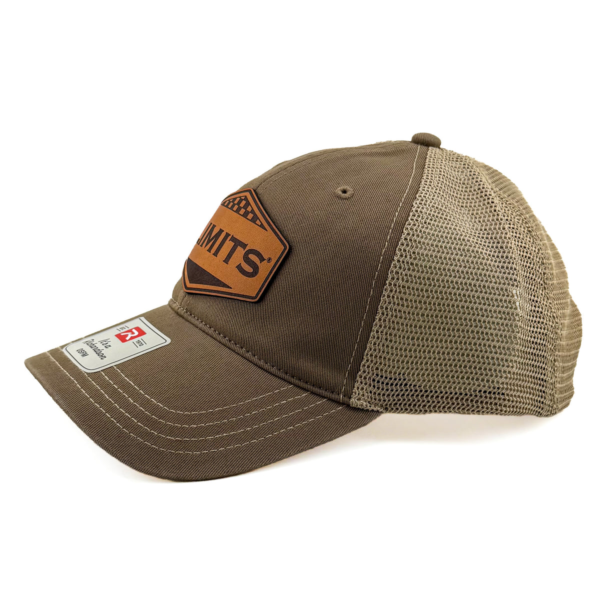 A brown and beige trucker cap with a brown leather patch on the front displaying 'LIMITS'. The cap features a solid Khaki front panel, a beige mesh back, and a matching Khaki visor with white contrast stitching.