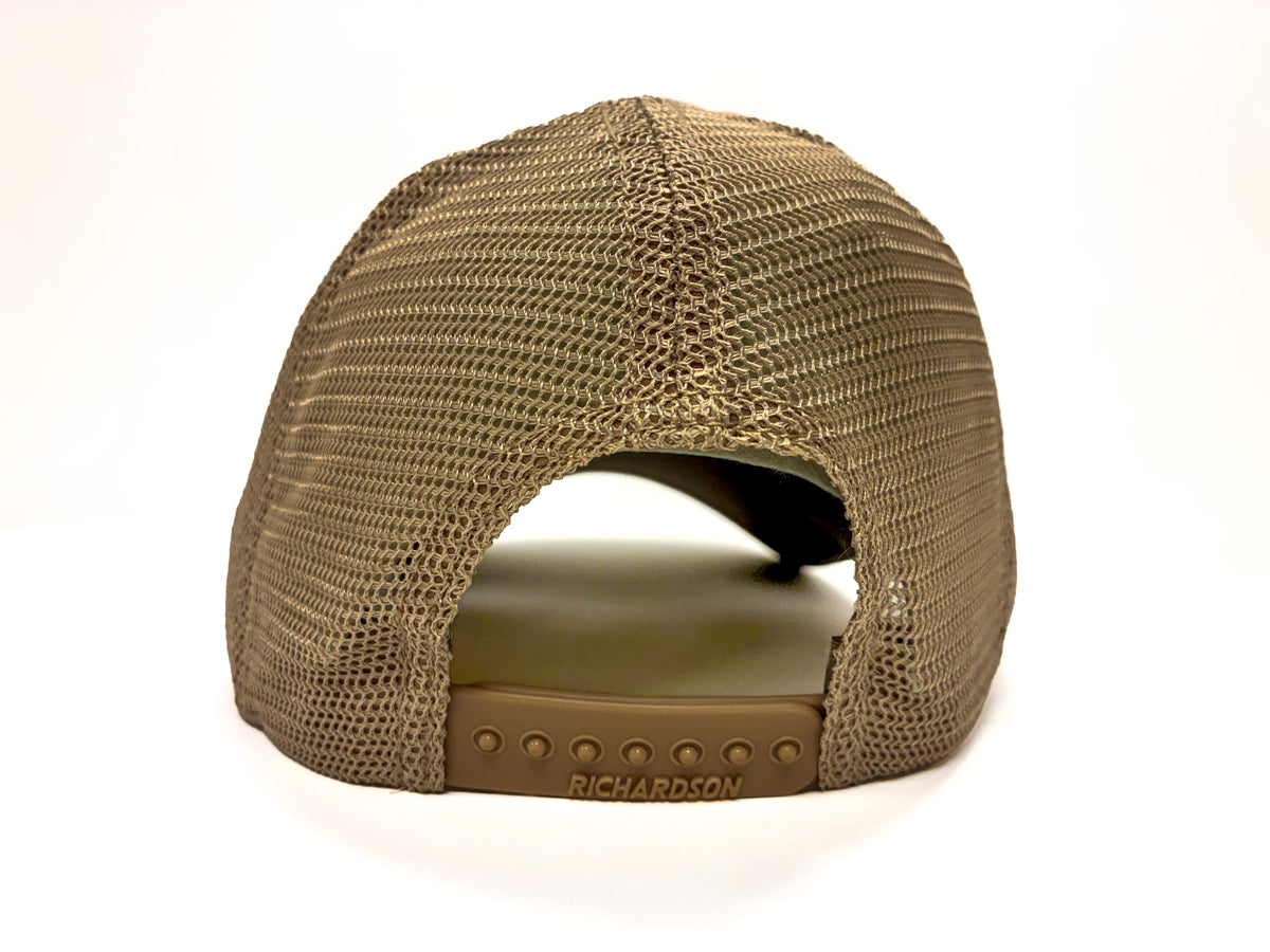 Rear view of a tan mesh-back trucker cap with a brown adjustable plastic snapback strap, featuring the embossed brand name 'RICHARDSON'.