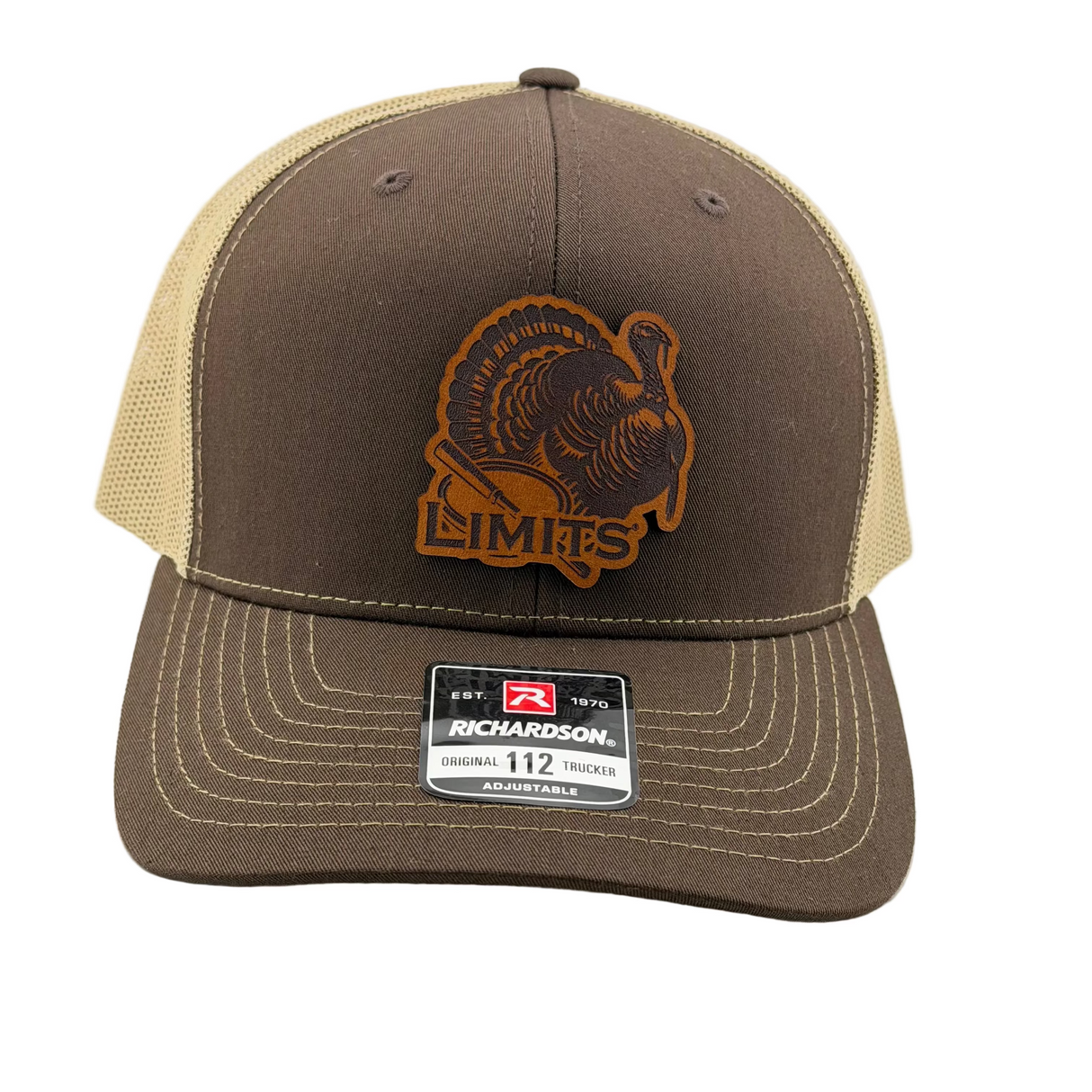 A Richardson 112 trucker hat in brown and dark khaki mesh, featuring a brown leather patch with a turkey design and the text 'LIMITS' on the front. The Richardson brand sticker is visible on the brim.