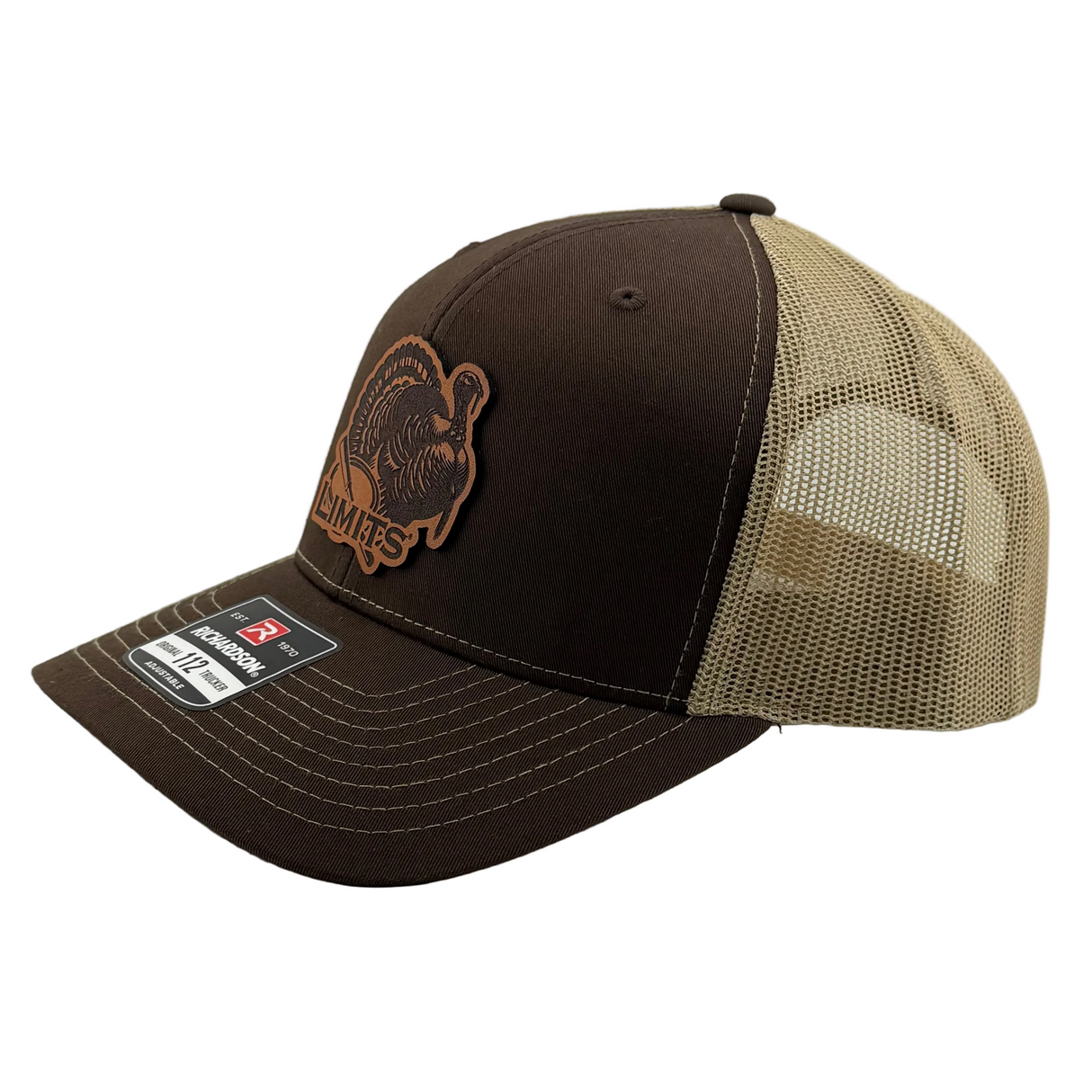 A Richardson 112 trucker hat in brown and dark khaki mesh, featuring a brown leather patch with a turkey design and the text 'LIMITS' on the front. The Richardson brand sticker is visible on the brim.