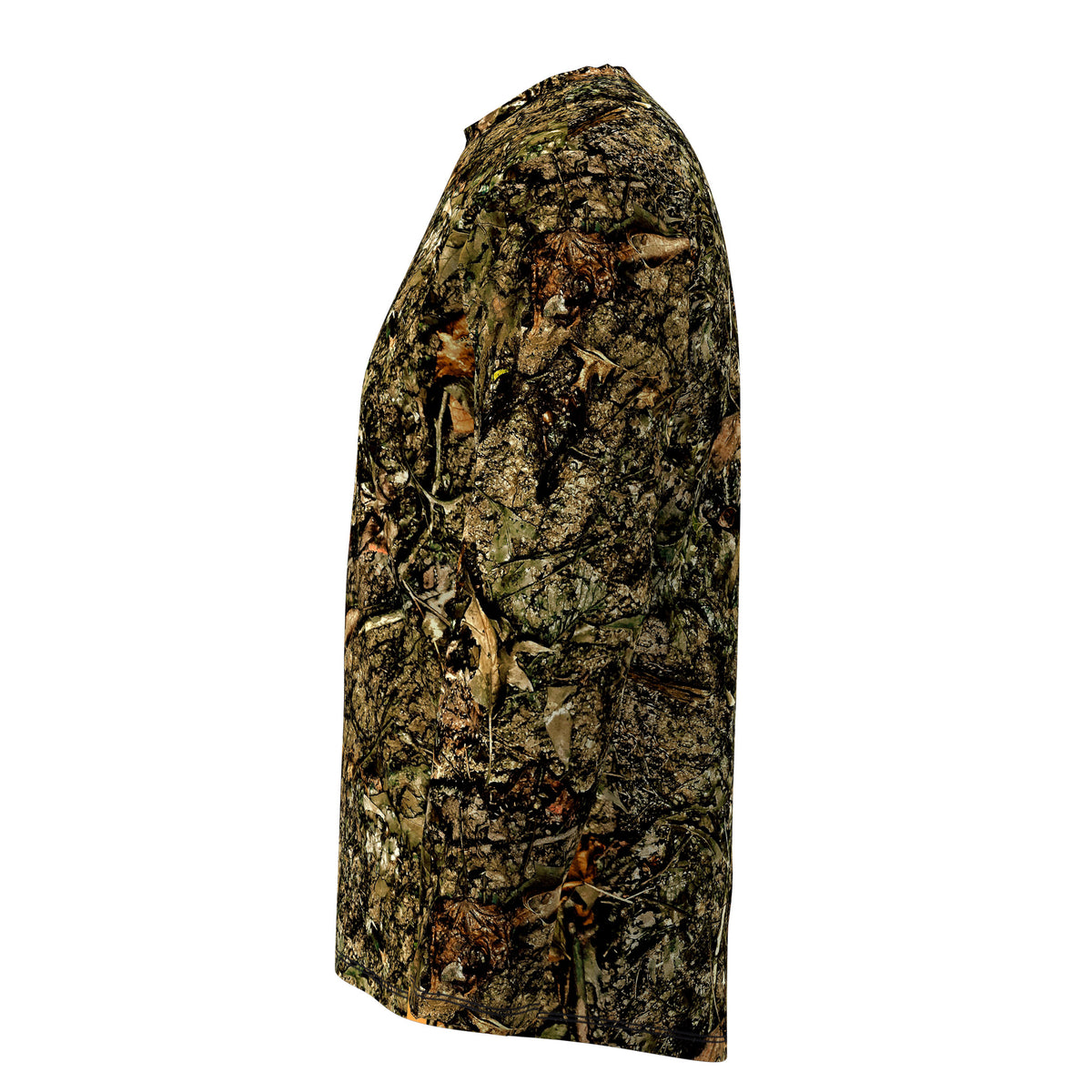 A long-sleeve shirt with a detailed forest camouflage pattern, shown in a side profile view against a plain white background.