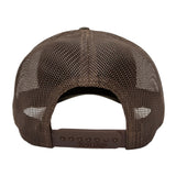 A brown trucker-style cap shown from the back, featuring a brown mesh back and a matching brown plastic snap closure.