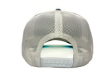The back view of a White mesh trucker cap with a plastic white snapback closure and 'Richardson' printed on the closure.