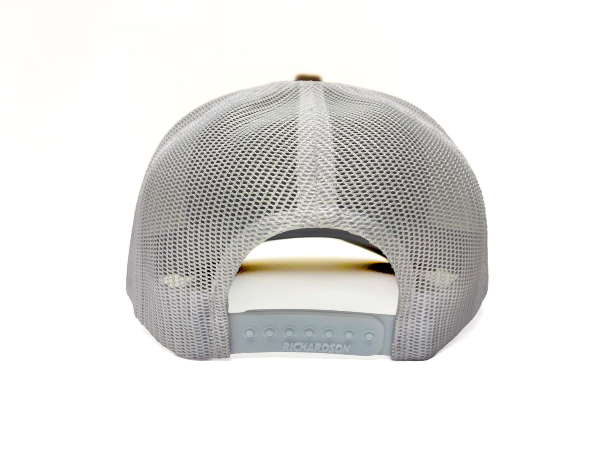 The back view of a White mesh trucker cap with a plastic white snapback closure and 'Richardson' printed on the closure.