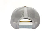 The back view of a White mesh trucker cap with a plastic white snapback closure and 'Richardson' printed on the closure.