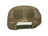 Back view of a mesh trucker cap in olive green with an adjustable snapback closure, shown on a white background.
