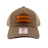 A brown and beige trucker hat with a prominent brown 'LIMITS' patch on the front and a Richardson brand sticker on the brim, shown against a plain white background.