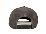 Rear view of a charcoal gray mesh trucker cap with a black adjustable snapback closure, featuring the brand name 'RICHARDSON' printed on the black strap.