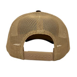 Rear view of a dark khaki mesh back trucker cap with an adjustable plastic snap closure, featuring the brand name 'RICHARDSON' embossed on the back strap.