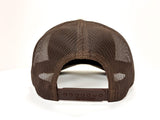 A brown trucker-style cap viewed from the back, featuring a brown mesh back and a matching brown plastic snap closure.
