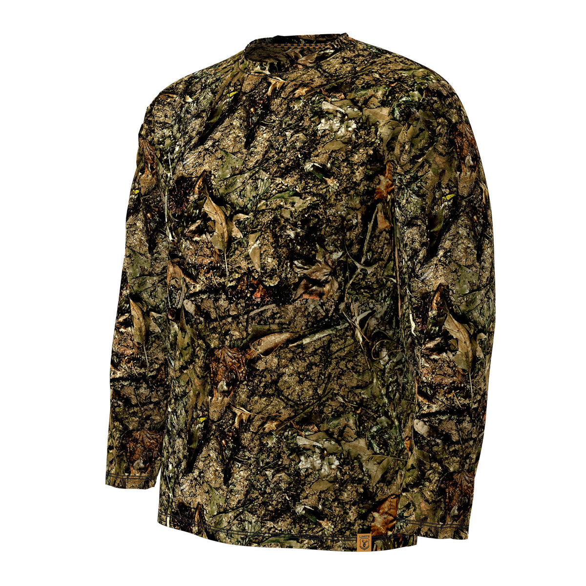 A long-sleeve camouflage shirt with an all-over woodland leaf and bark pattern in shades of green, brown, black, and tan, shown on a plain white background.