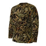 A long-sleeve camouflage shirt with an all-over woodland leaf and bark pattern in shades of green, brown, black, and tan, shown on a plain white background.