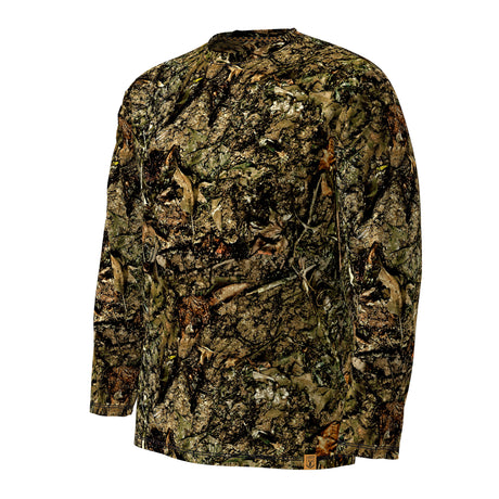 A long-sleeve camouflage shirt with an all-over woodland leaf and bark pattern in shades of green, brown, black, and tan, shown on a plain white background.