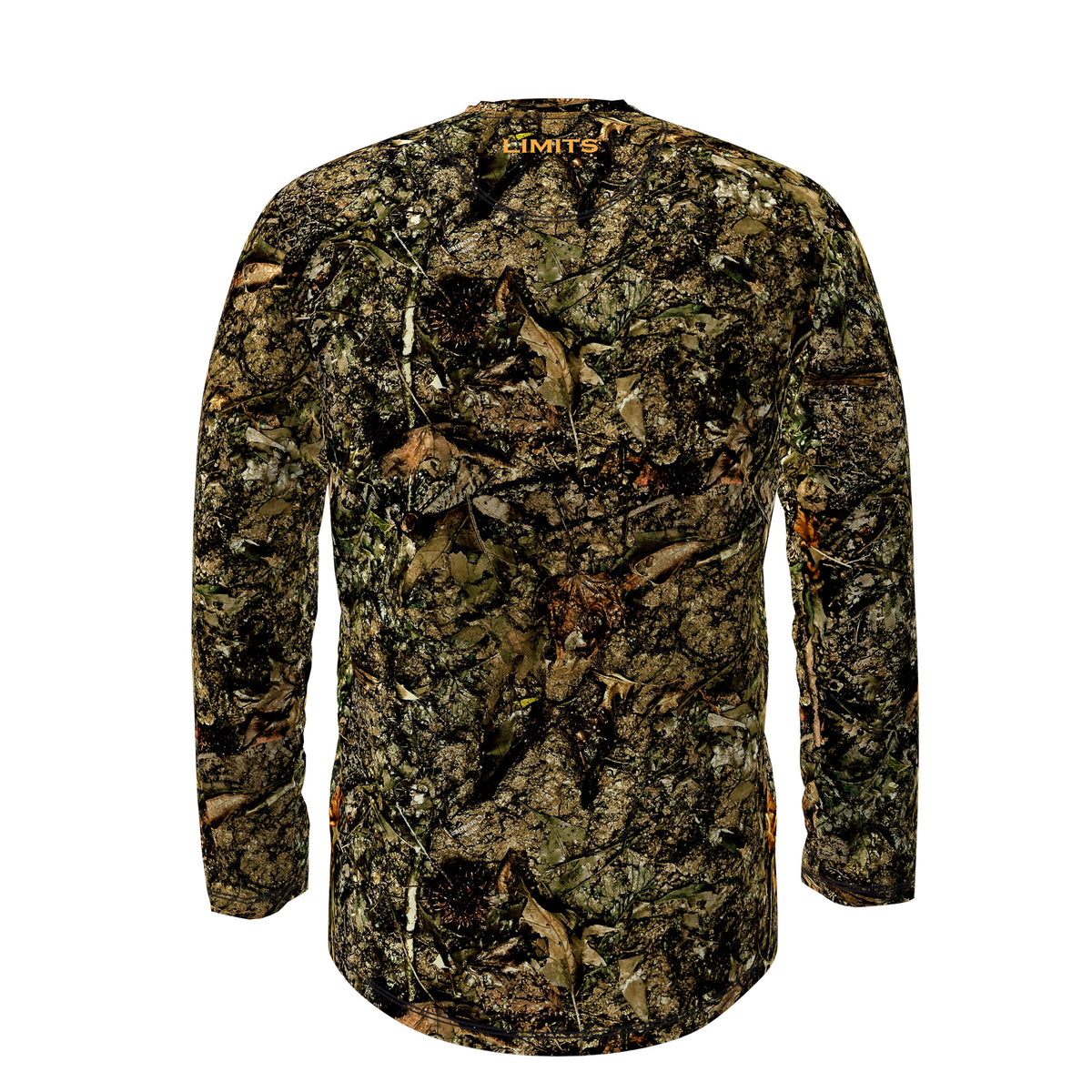 A long-sleeve camouflage shirt shown from the back, featuring a detailed woodland camo pattern in shades of green, brown, and black, with the brand name 'EMITE' printed in yellow at the inner neck.