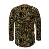 A long-sleeve camouflage shirt shown from the back, featuring a detailed woodland camo pattern in shades of green, brown, and black, with the brand name 'EMITE' printed in yellow at the inner neck.