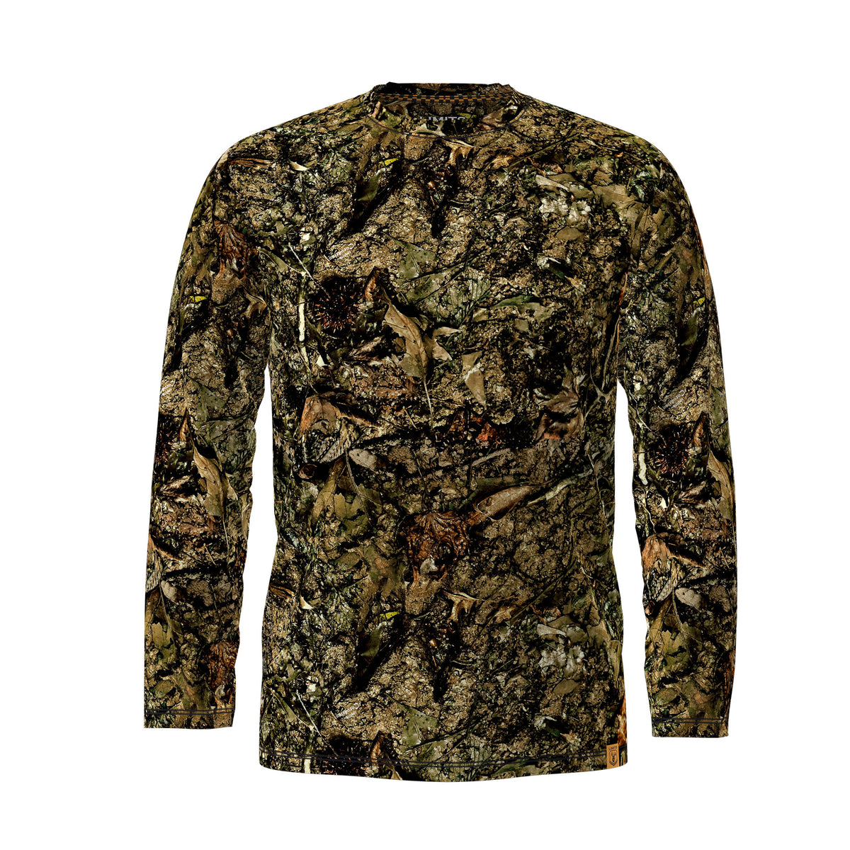 A long-sleeve crewneck shirt featuring an all-over woodland camouflage pattern in shades of brown, green, and black, displayed on a clean white background.