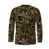 A long-sleeve crewneck shirt featuring an all-over woodland camouflage pattern in shades of brown, green, and black, displayed on a clean white background.