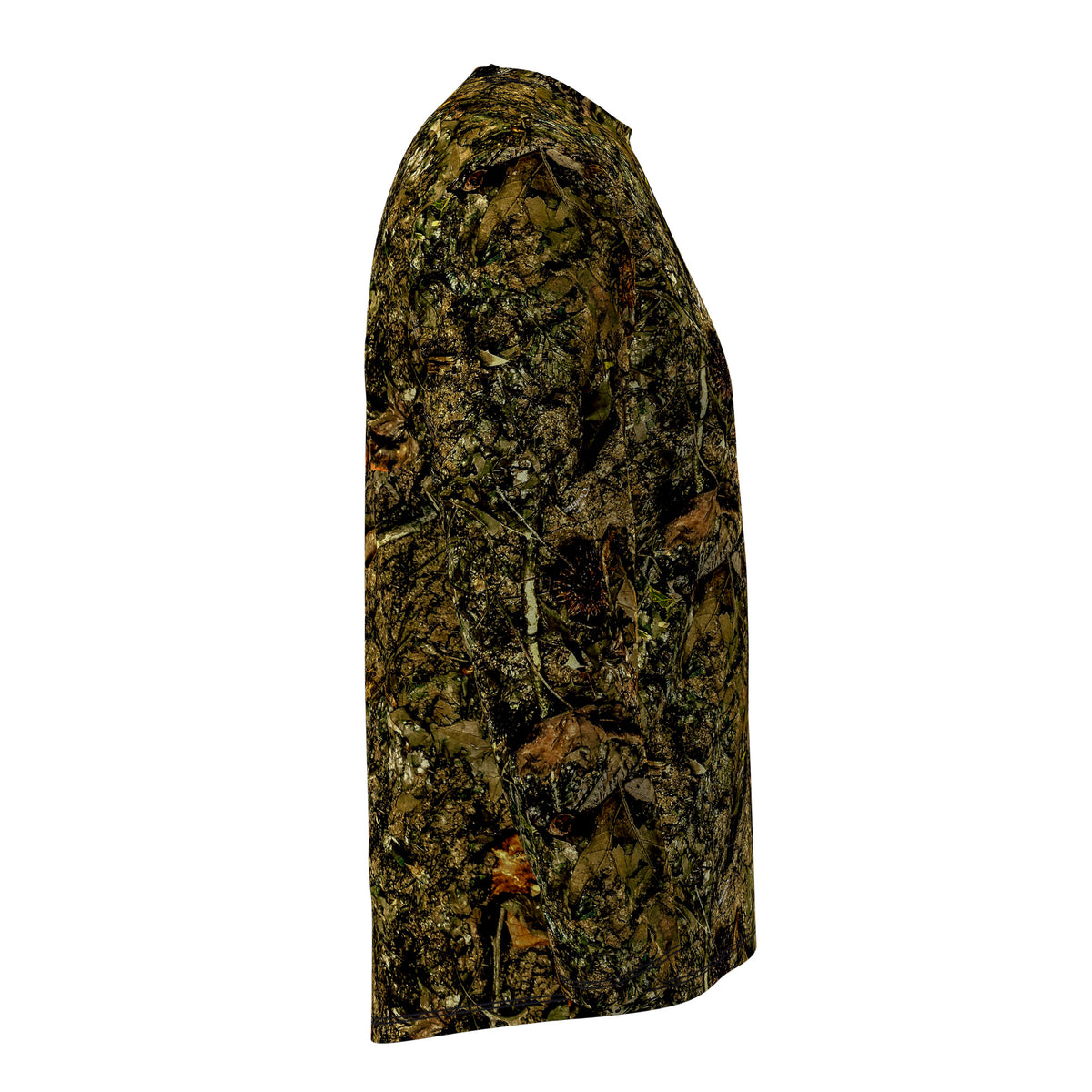 A camouflage hunting shirt shown from the side profile against a solid white background.
